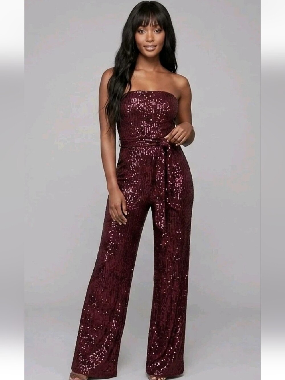NWT! LULUS Flirty Moves Wine Red Sequin Strapless Wide-Leg Jumpsuit! Size M